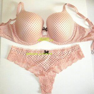 38DD/XL Victoria's Secret Body by Victoria Lined Demi Bra Set Thong Peach Dot